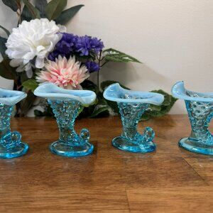 Fenton Blue Opalescent Hobnail Cornucopia Vases Set Horn of Plenty Vintage Glass